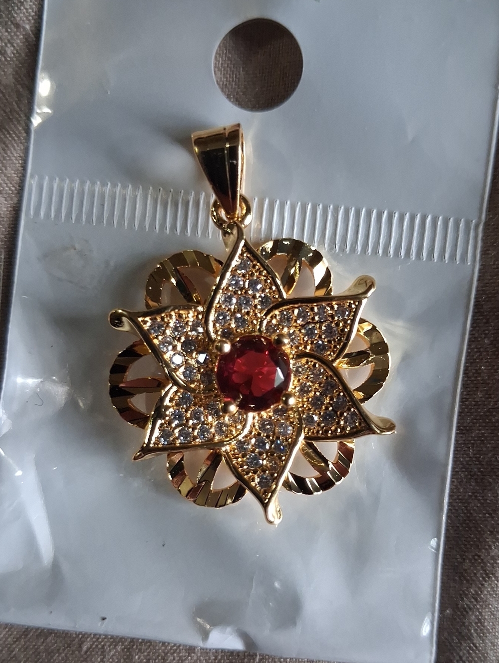 Gold-Tone Floral Pendant with Red Centerstone - Women Jewelry
